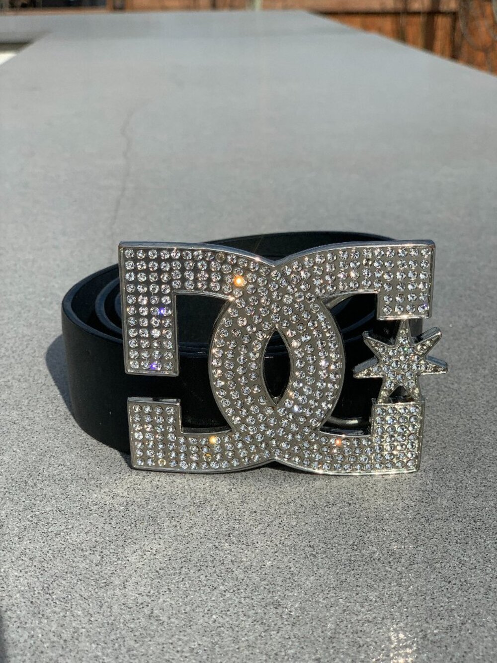 Vintage DC Shoes Belt Black Leather Silver Rhinestone Bling Buckle Y2K Skate 90s